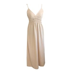 Absolutely It!! Beige Babydoll Smocked Waist Maxi Dress M Boho Resort Beach